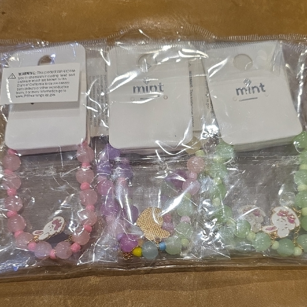 PERFECT FOR EASTER! Bunny Mint Kids Bracelets- Pink, Purple, Green 5 Total
